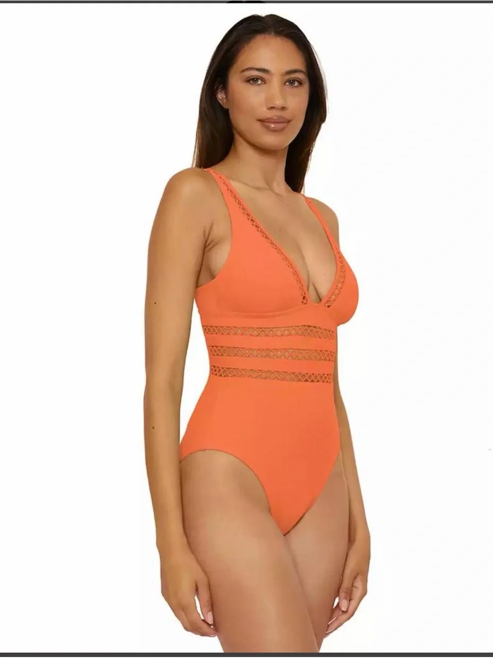 BECCA by Rebecca Virtue Ribbed One Piece Swimsuit Orange Ladder Trim Medium NWT
